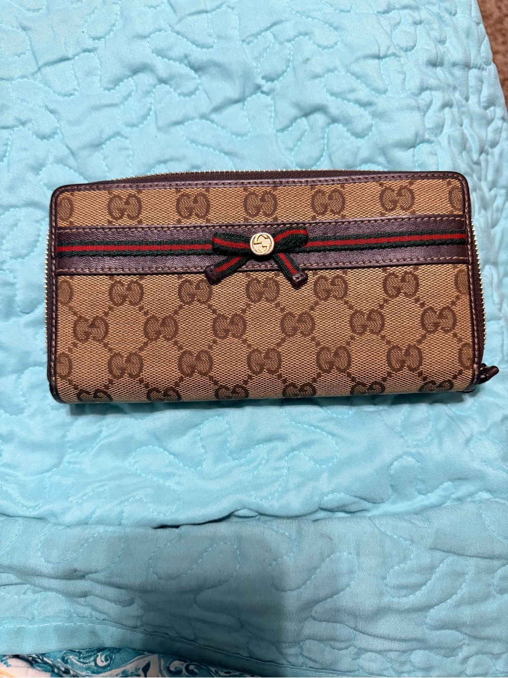 Gucci Brown GG Supreme Zip-Around Wallet with Green-Red Web and Bow